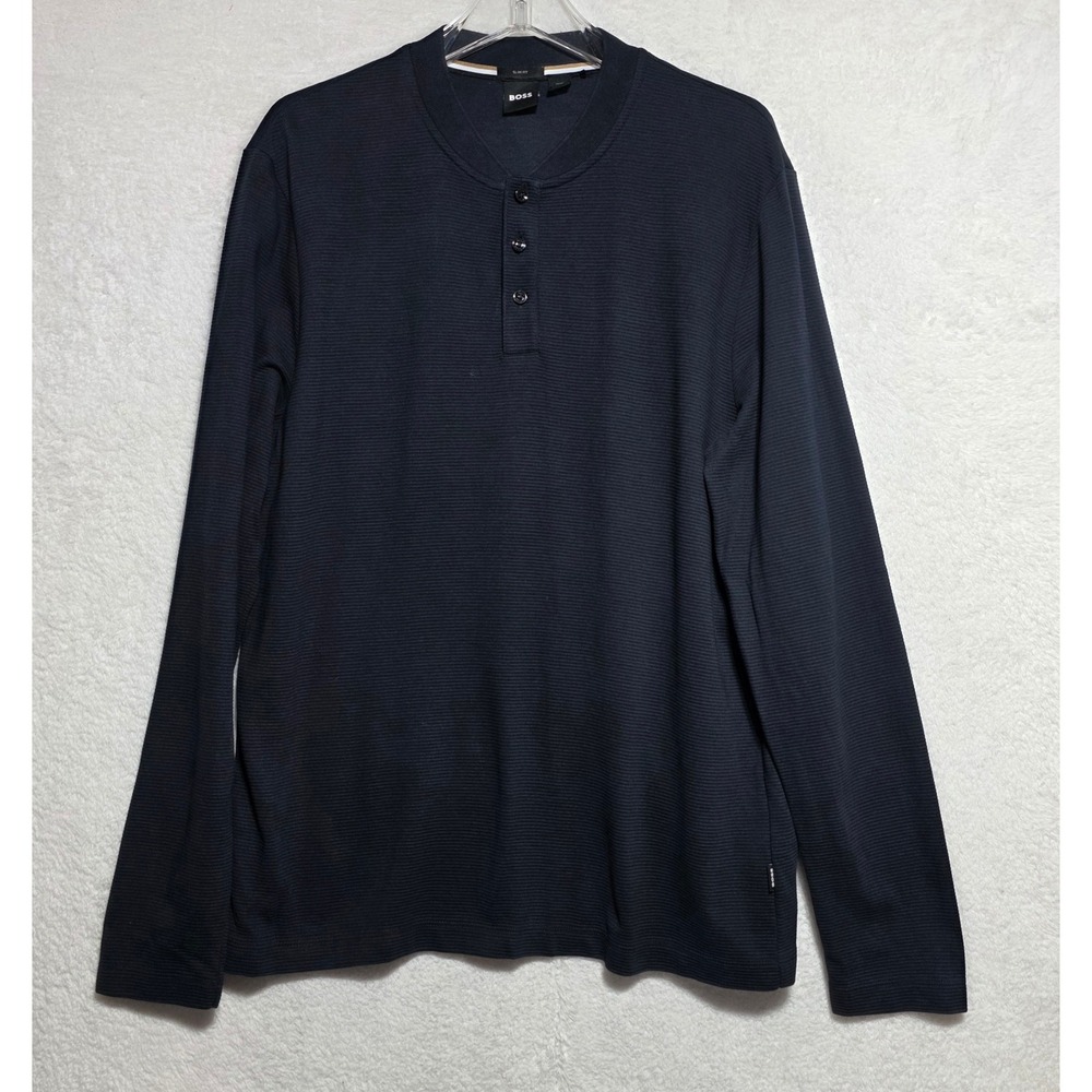 Hugo Boss Slim Fit Henley Shirt Men's XL Navy Blue Long Sleeve Ribbed Knit Top